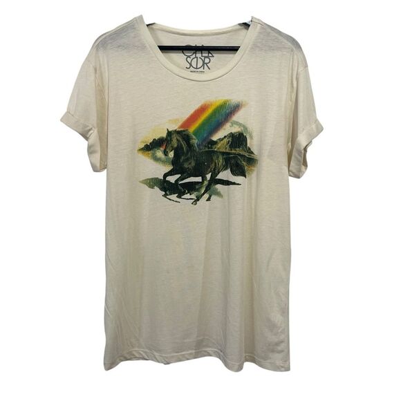 Chaser Rainbow Unicorn Graphic Tee Womens Small Rolled Sleeve Top T-Shirt - Picture 1 of 5